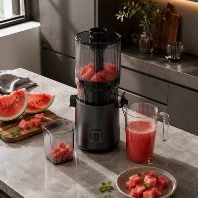 Fresh Smart HJ303 超広口スロージューサー – 155mm投入口、2400mlホッパー、200Wコールドプレス＆セルフクリーニングで、ジューシングの芸術を楽に